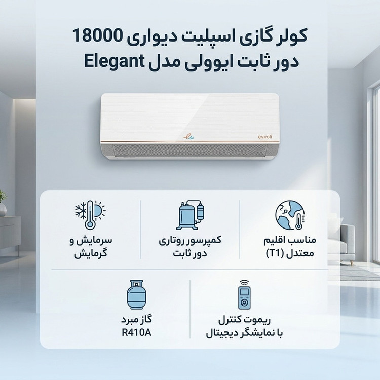 کولر گازی اسپلیت دیواری 18000 دور ثابت ایوولی مدل Elegant