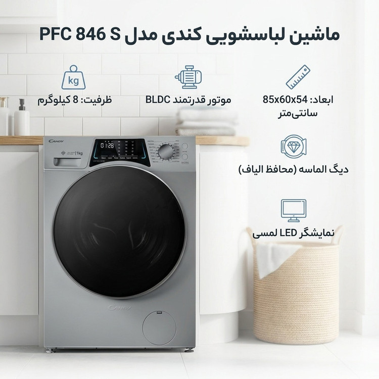ماشین لباسشویی اتوماتیک کندی مدل PFC 846 S ظرفیت ۸ کیلوگرم